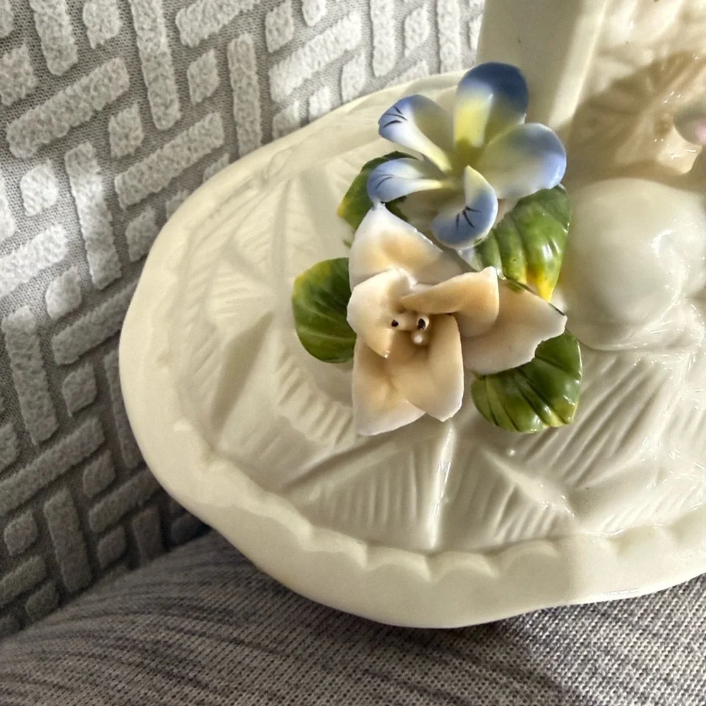 Porcelain Cross Trinket Music Box with Pastel Floral Accents Lamb Amazing Grace